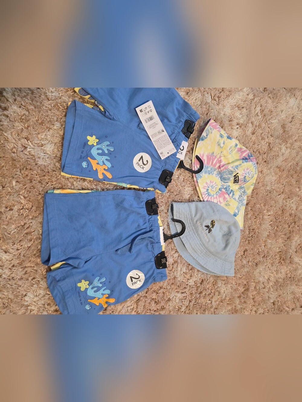 Blue Kids  Shorts  with Colorful Sea Printvand Hats